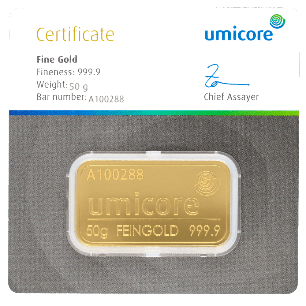 Goudbaar Umicore 50 gram met certificaat