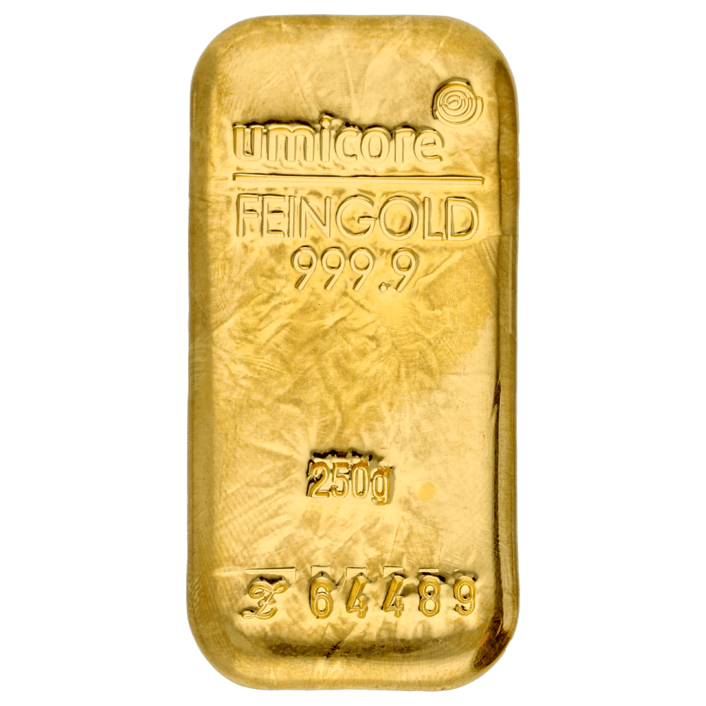Goudbaar Umicore 250 gram met certificaat