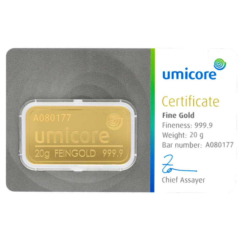 Goudbaar Umicore 20 gram met certificaat